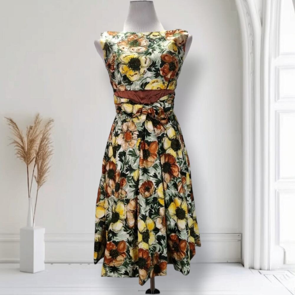 Vintage 1950s Floral Party Dress Sequin Full Skirt Bow Waist Union Made XS